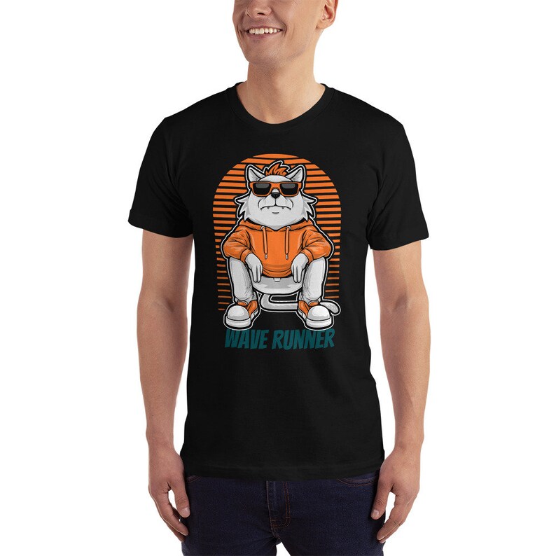 May include: Black t-shirt with a white cat wearing orange sunglasses and a hoodie sitting on a white platform. The cat is surrounded by an orange and white sunset. The text "WAVE RUNNER" is printed below the cat.