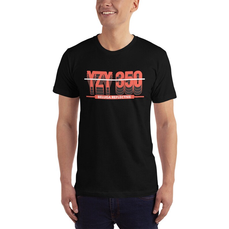 May include: Black t-shirt with a red and white graphic that says "YZY 350 BELUGA REFLECTIVE".