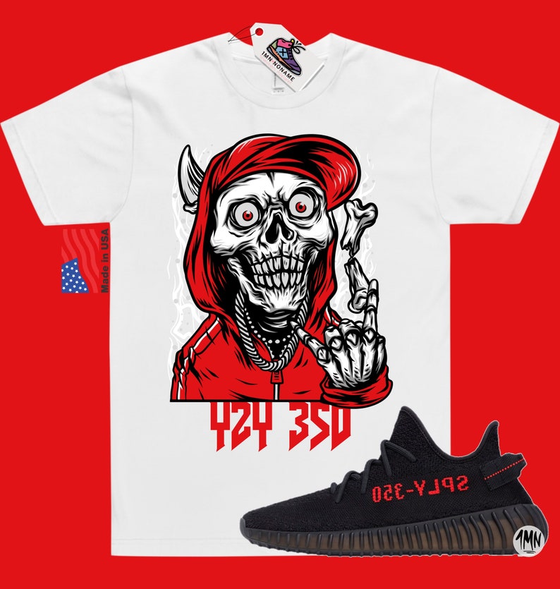 May include: White t-shirt with a red hooded skeleton graphic and the text "424 350". Black and red sneakers with the text "SPLY-350" on the side.