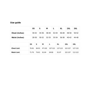 May include: Size guide chart with measurements in inches and centimeters for chest and waist sizes. Sizes range from XS to 3XL.