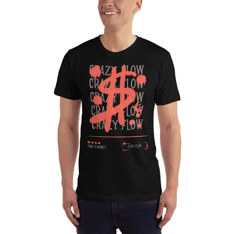 May include: Black t-shirt featuring a red dollar sign graphic and the text "CRAZY FLOW" repeated several times. The text "TIME IS MONEY" and "CASH FLOW" are also printed on the shirt.