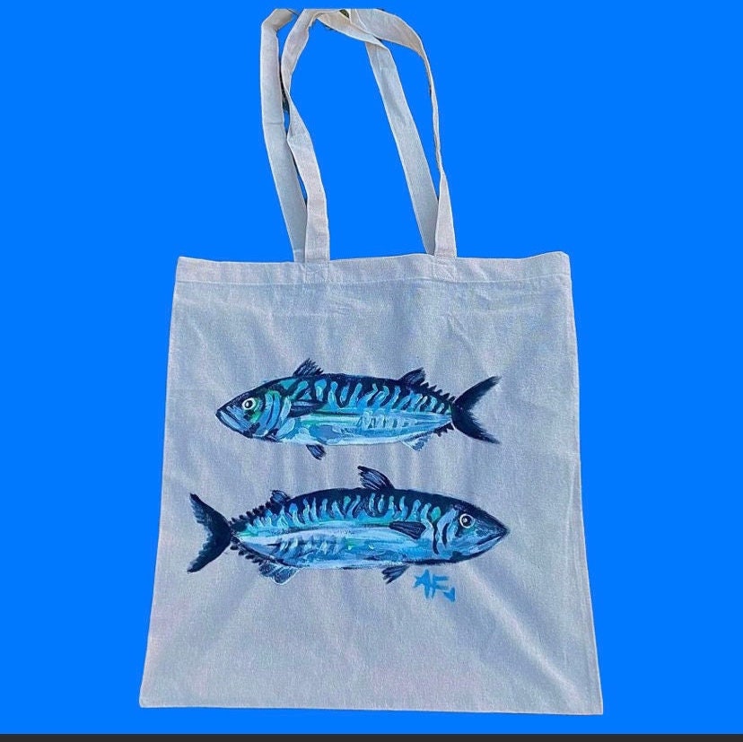 Hand painted mackerel fish tote bag