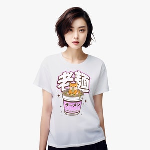 Camiseta Shibainu Ramen Kawaii - Ropa de calle japonesa, camisa gráfica estilo Harajuku, moda Otaku, fideos de copa inspirados en anime