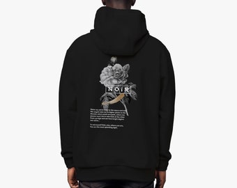 Sweat à capuche noir avec une fleur au dos, sweat à capuche streetwear vintage imprimé avec graphisme fleuri, sweat à capuche vintage pour homme et femme