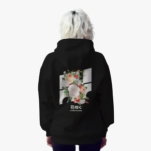 Japanese Techwear Hoodie with Flower Graphics - Black Japan Streetwear Pullover with Aesthetic Colorful Roses and Harajuku Grunge Style