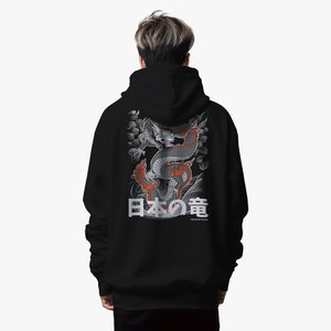 Japanese Streetwear Dragon Hoodie, Techwear Harajuku Hoodie with Traditional Chinese Dragon Art, Vintage Graphic Anime Merch