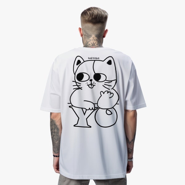 Yo Cat - Kawaii Manga Katze Oversized Grafik T-Shirt,  Japanische Harajuku Stil Streetwear Kleidung, Lustiges Katzen Shirt, Urban Kawaii Tee