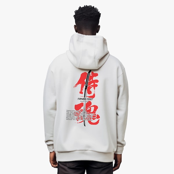 white samurai sword hoodie in Japanese streetwear style for ninja and Japan fans, techwear sweater with kanji backprint - samurai spirit