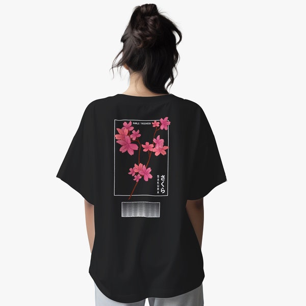 Oversize T-Shirt mit Sakura Kirschblüten Rücken Print, Japanische Blumen Grafik, Japan Streetwear T Shirt