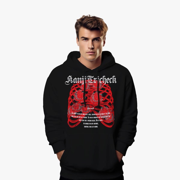 Grunge Hoodie mit Brustkorb Röntgenbild und Rosen Grafik | Makabre Japanische Harajuku Streetwear | Darkwear Hoody | Gothic Style Pullover