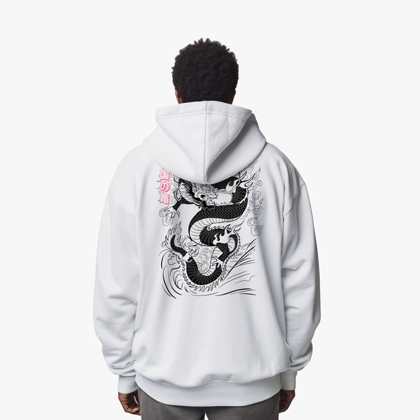 Japanese Streetwear Unisex Hoodie with Japanese Dragon Graphic / Harajuku Gothic Grunge Style Darkwear / Japan Techwear Hoodie Clothing