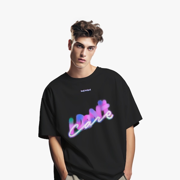 I Don't Care T-Shirt, Japanische Streetwear Oversized & Bio-Baumwolle Shirt mit Neon Schriftzug, Trendiges Urban Statement T-Shirt