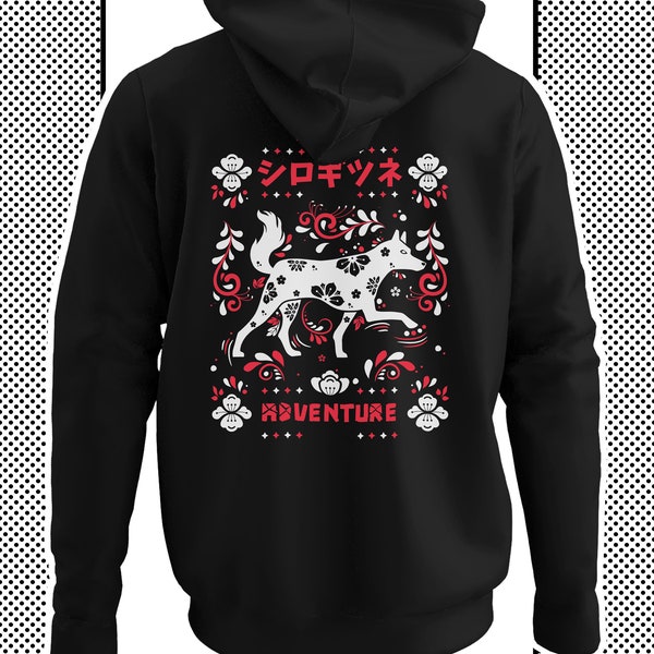 Kitsune Fuchs Hoodie, Japan Street Wear Pullover mit ästhetischer weißer Fuchs Vintage Grafik und Floralem Muster - Fuchs Abenteuer