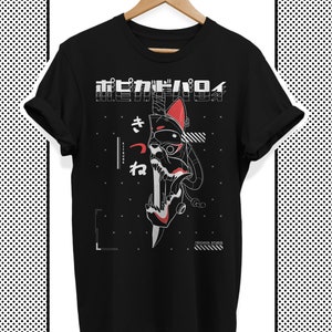 Cyberpunk Techwear Fox Mask T Shirt, Futuristic Kitsune Mask, Black Harajuku Kanji Streetwear, Japanese Anime Tshirt