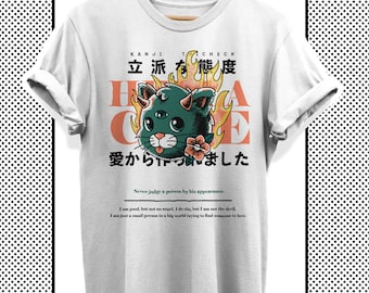 Harajuku shirt in vintage style and kawaii anime cat graphic, 90s retro anime t-shirt made of cotton in white, cute Japanese streetwear fashion