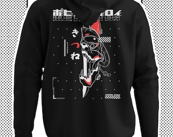 Unisex Techwear Hoodie, Cyberpunk Fox Mask, Japanese