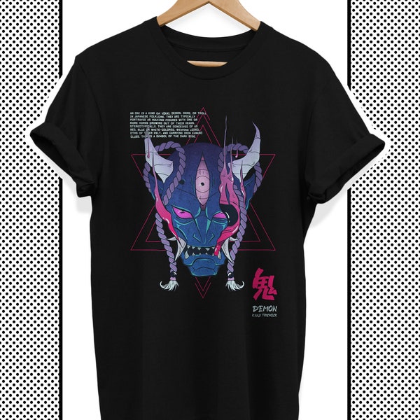 Unisex T-Shirt, Japanische Yokai Oni Dämon Maske, Harajuku Gothic Punk Streetwear, Anime Grunge, Kanji Streetwear, dark wear, Techwear, Goth