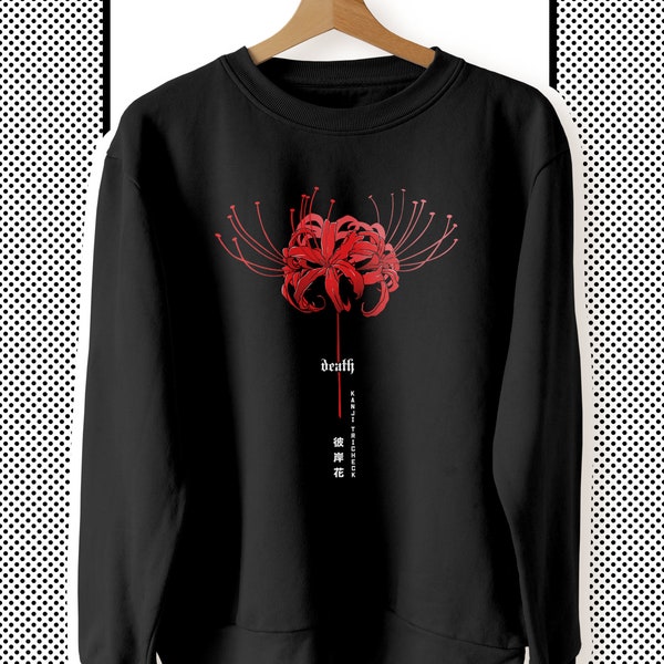 Ästhetischer Japan Streetwear Pullover mit Spinnenlilie Illustration, Harajuku Goth Grunge Anime Streetwear Kleidung, Japanisches Sweatshirt