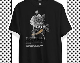 T-Shirt Unisexe Surdimensionné - Fleur Noire - Chemise Streetwear Vintage avec Esthétique Noir Fleurs Blanches Graphique et Ornement Couleur Or