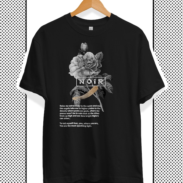 Unisex Oversized T-Shirt - Noir Blume - Vintage Streetwear Shirt mit ästhetischer Schwarz Weiß Blumen Grafik und Gold farbiger Verzierung