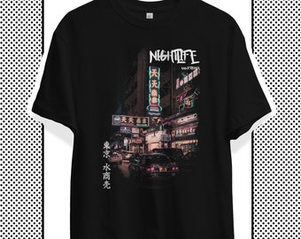 City Nightlife - Unisex Vintage Oversized Tshirt, Grunge Shirt, Japan Streetwear Clothing, Vintage T-Shirt, Aesthetic Tshirt, Techwear