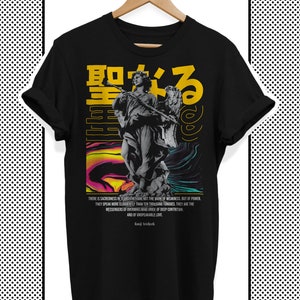 Vintage Streetwear T-Shirt with Renaissance Statue Graphics - Holy, Colorful Aesthetic Shirt with Japanese Characters, Techwear Shirt