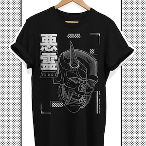 Techwear Oni Shirt, Japanese T-Shirt with Cyberpunk Anime Style Print, Black Harajuku Streetwear, Kanji Cotton Tshirt
