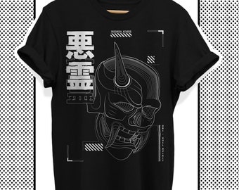 Techwear Oni Shirt, Japanese T-Shirt with Cyberpunk Anime Style Print, Black Harajuku Streetwear, Kanji Cotton Tshirt