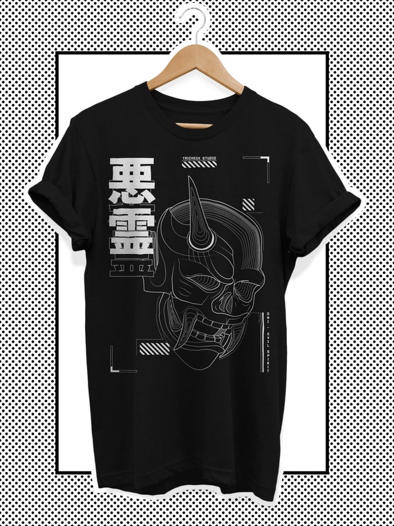 Cyberpunk Style Tshirt Cotton Anime Harajuku Kanji Streetwear, Etsy Oni Shirt, - Techwear Black T-shirt Japanese With Print,