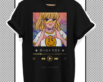 Anime Mädchen Merch T Shirt mit Vintage Manga Grafik für Herren und Frauen, Harajuku Kleidung im Japanischen Streetwear Stil, Musikliebhaber