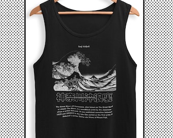 Vintage Tank Top with Big Wave in Front of Kanagawa Graphic in Japanese Streetwear Style, Grunge Harajuku Anime Streetwear Tank top for men