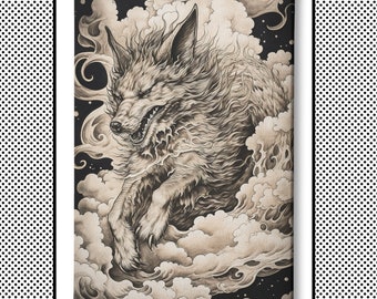 Hunting Wolf: Vintage Manga-Inspired Canvas Print Exclusive to Kanji Tricheck