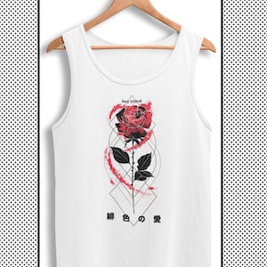 Japanisches Tanktop für Herren mit Kanji Zeichen und einer ästhetischen roten Rose für Harajuku Liebhaber, Japanisches Sommer Streetwear Top