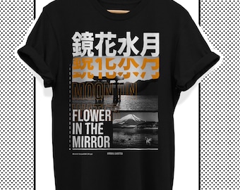 Japan Techwear Style T-Shirt, Japanische Streetwear Kleidung mit Kanji Zeichen und Torii Tor Grafik, Aesthetic Japan Shirt - Kyouka Suigetsu