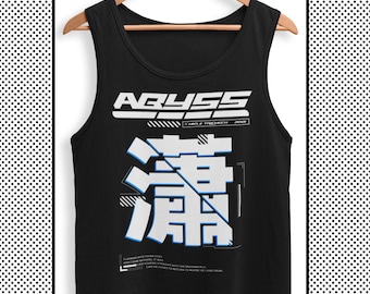 Regata masculina techwear com caracteres kanji japoneses e estética moderna de streetwear para amantes de Harajuku, regata de verão japonesa