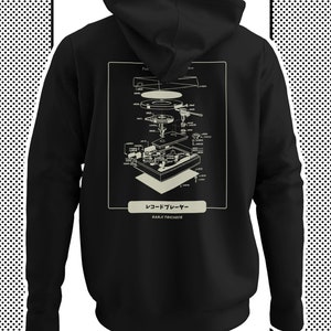 Vintage Music Lover Gift, Hoodie with Record Player Blueprint Graphics - Music Lover Art Print on Streetwear Vintage Music Hoodie