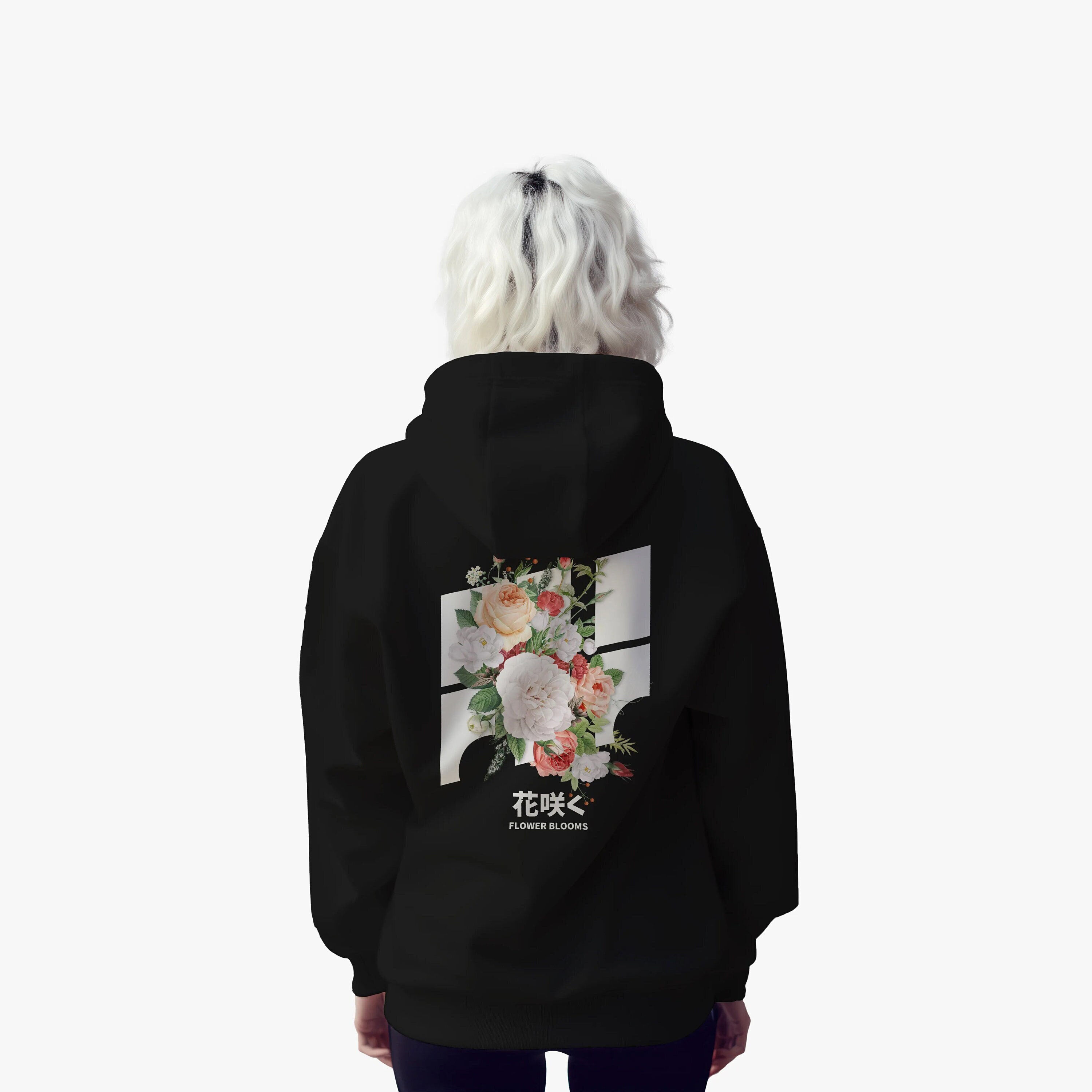 Japanese Techwear Hoodie with Flower Graphics Black Japan Streetwear Pullover with Aesthetic Colorful Roses and Harajuku Grunge Style