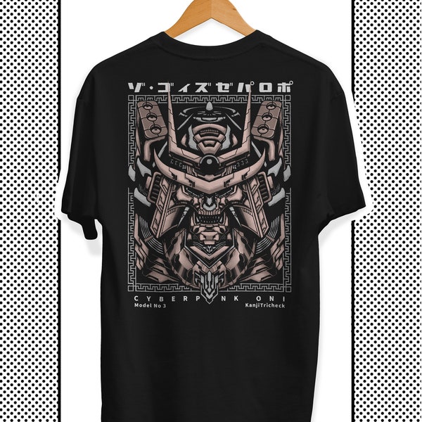 Japanische Kleidung für Männer, Streetwear Shirt mit Design auf Rücken, Schwarze Cyberpunk Kunst, Print Shirt y2k, Plus Size Anime Shirt