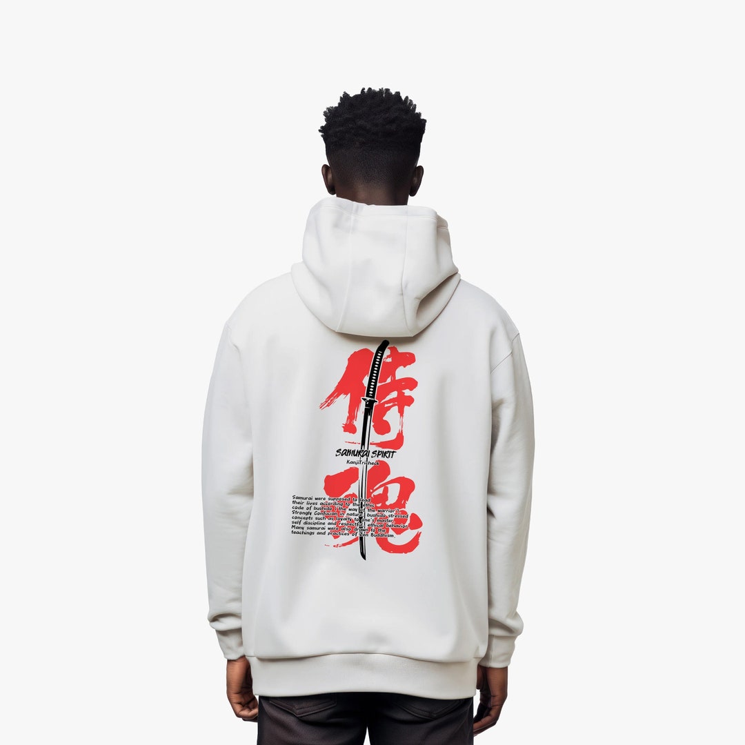 Sudadera con capucha blanca con espada samurai en estilo streetwear japonés  para fanáticos de ninjas y Japón, suéter techwear con estampado de kanji