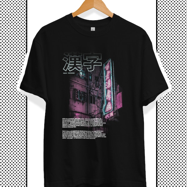 Black Oversize Techwear T Shirt Vintage with Kanji Neon Shield, Japanese Harajuku Style Tshirt, Grunge Clothing y2k, Top Plus Size Japan