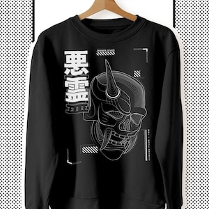 Unisex techwear sweater with Oni Hanya mask print, Harajuku fashion in cyberpunk style, Japanese streetwear clothing, Gothic sweater Darkwear