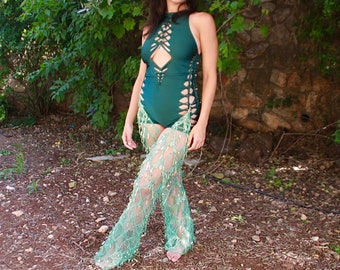 Braided romper WITH CHAPS Slit weave Pole dance wear Braided Catsuit Braided clothing Rave outfit  Festival outfit Aerial costume