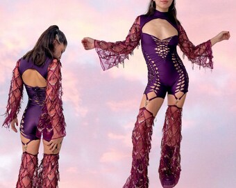 Gevlochten romper met split Gevlochten romper Paaldanskleding Gevlochten Catsuit Gevlochten kleding Rave-outfit Festivaloutfit Luchtkostuum Feeënkleding