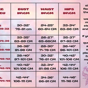 May include: A size chart with measurements in inches and centimeters. The chart includes bust, waist, and hip measurements for sizes XS to XXL. Text on the right side explains sizing flexibility and provides contact information for questions.