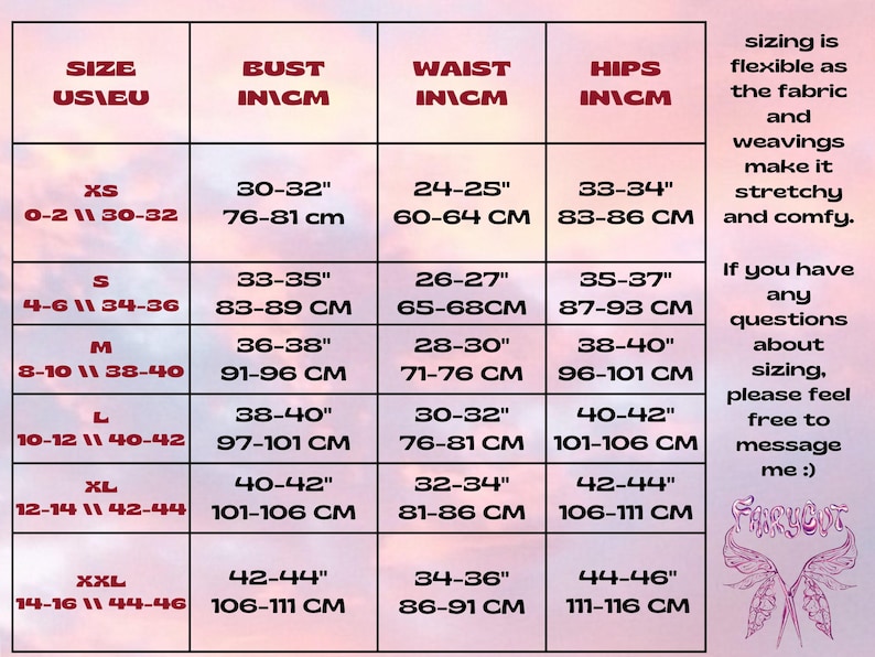May include: A size chart with measurements in inches and centimeters. The chart includes bust, waist, and hip measurements for sizes XS to XXL. Text on the right side explains sizing flexibility and provides contact information for questions.