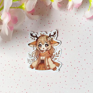 Adesivo Kawaii Cottagecore con ragazza renna carina - Design adesivo impermeabile in stile anime accogliente