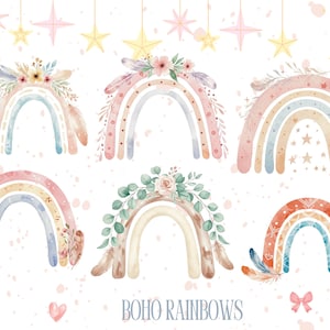 Boho aquarelle arc-en-ciel 6 PNGs Clipart Bundle | Arcs-en-ciel bohème pastel | Graphismes peints à la main PNG pour le bricolage, autocollants, décoration de chambre d'enfant