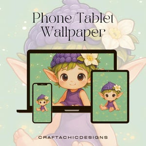 Simpatico elfo della foresta con cappello di bacche / Sfondo kawaii Fairycore / Adorabile arte elfica da scaricare per telefono e tablet