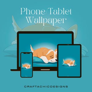Cute Cartoon Corgi Dog Sleeping Phone Tablet Wallpaper / Kawaii Corgi Pup Digital Download / Cute Animal Wallpapers