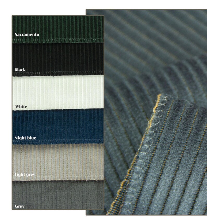 Swatch card beside denim blue ribbed velvet upholstery fabric, striped velvet fabric color options